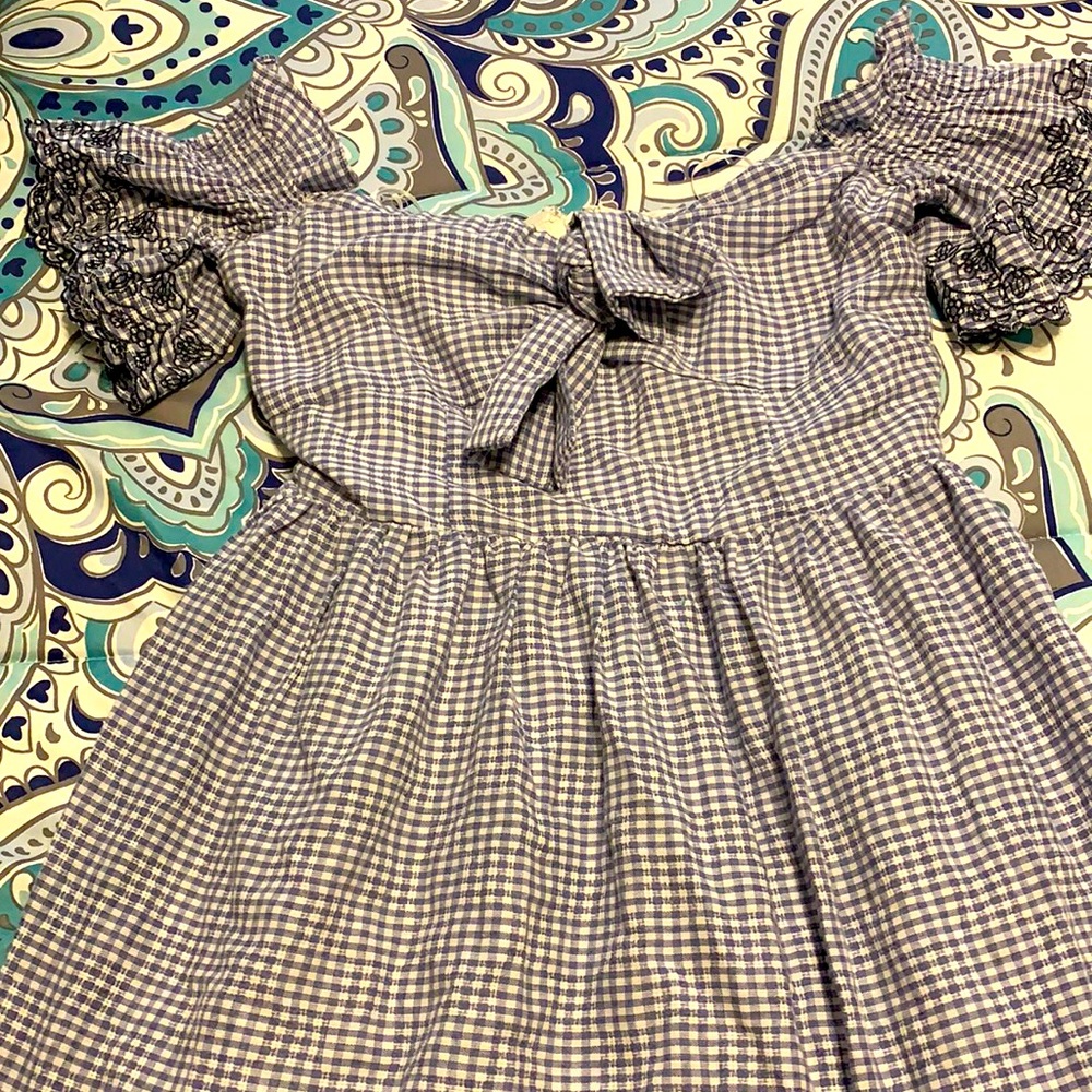 Blue and white dress with black flowers